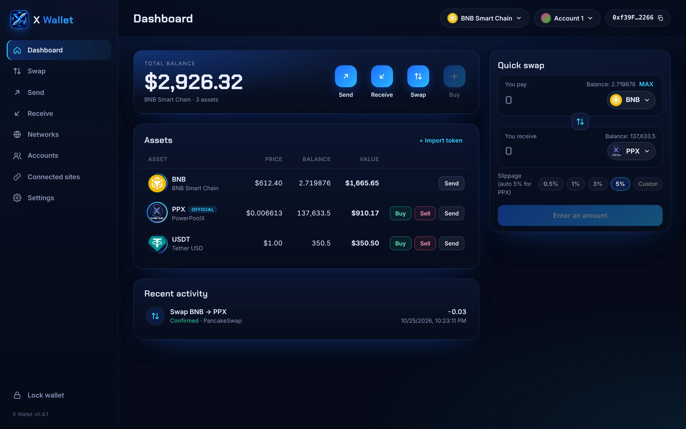 X Wallet desktop dashboard with assets table and quick swap